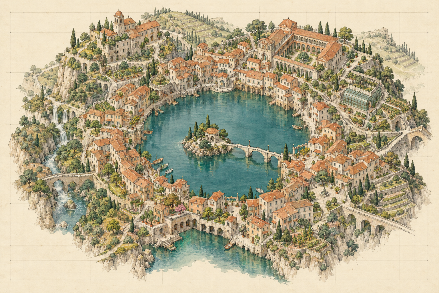 Mapa ilustrado de uma cidade fictícia em torno de um lago