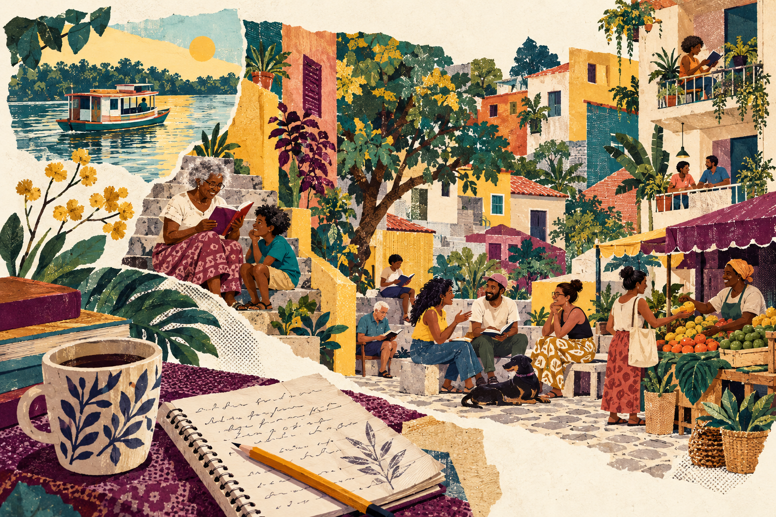 Colagem de um bairro fictício com pessoas em uma praça