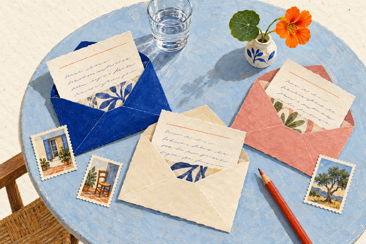 Ilustração de envelopes coloridos e folhas sobre uma mesa azul