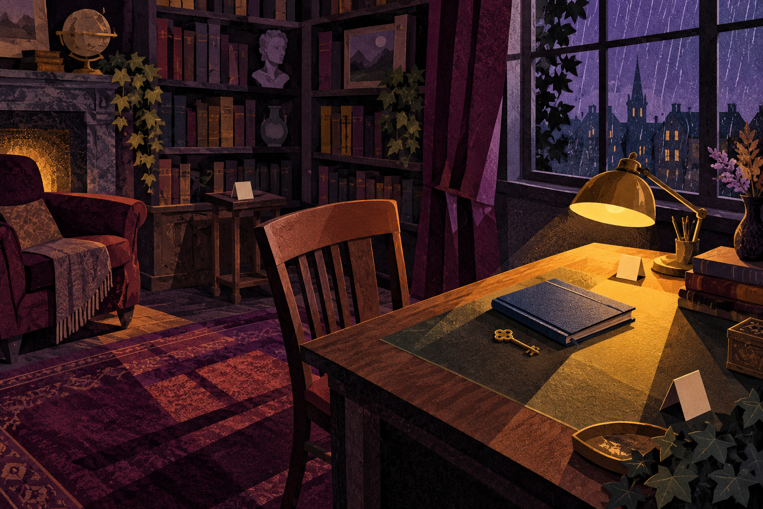 Ilustração de biblioteca fictícia com uma chave e um caderno sobre a mesa