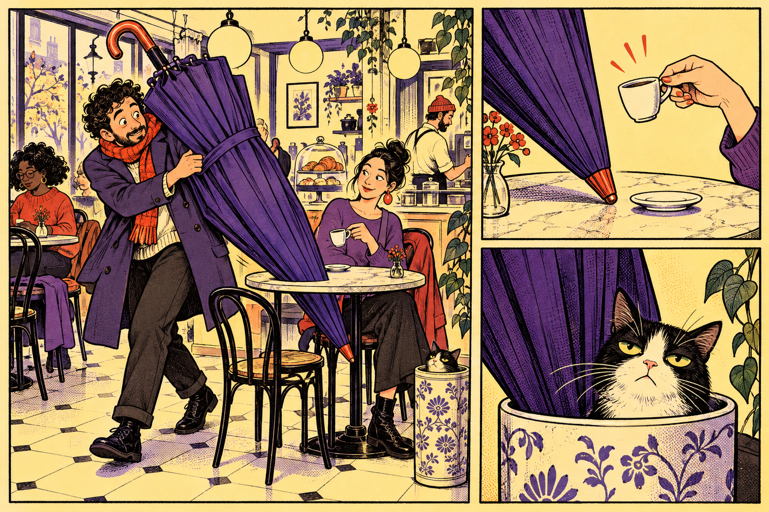 Cena fictícia de humor em um café, desenhada em quadrinhos