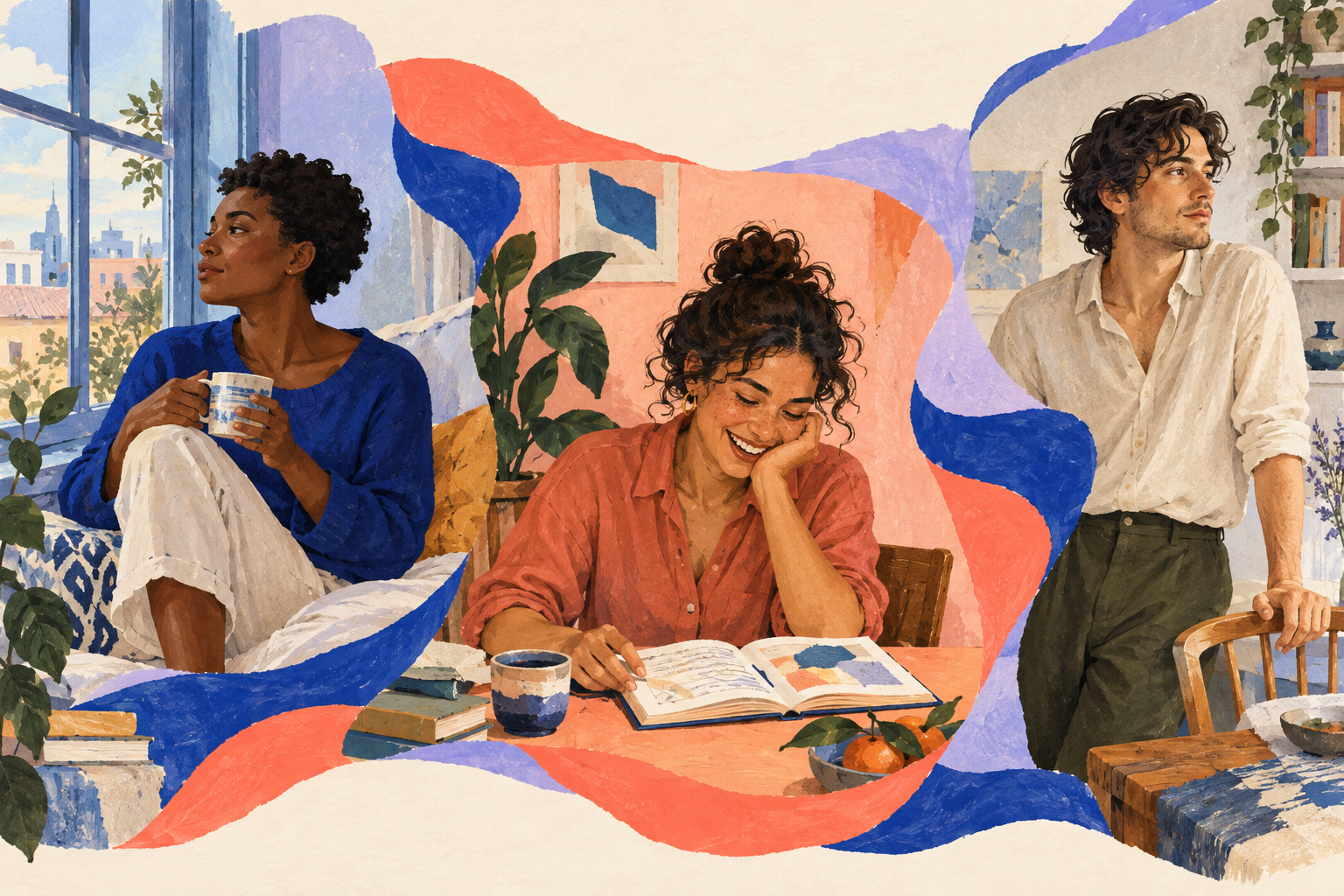 Pessoas fictícias ilustradas em momentos cotidianos com expressões diferentes