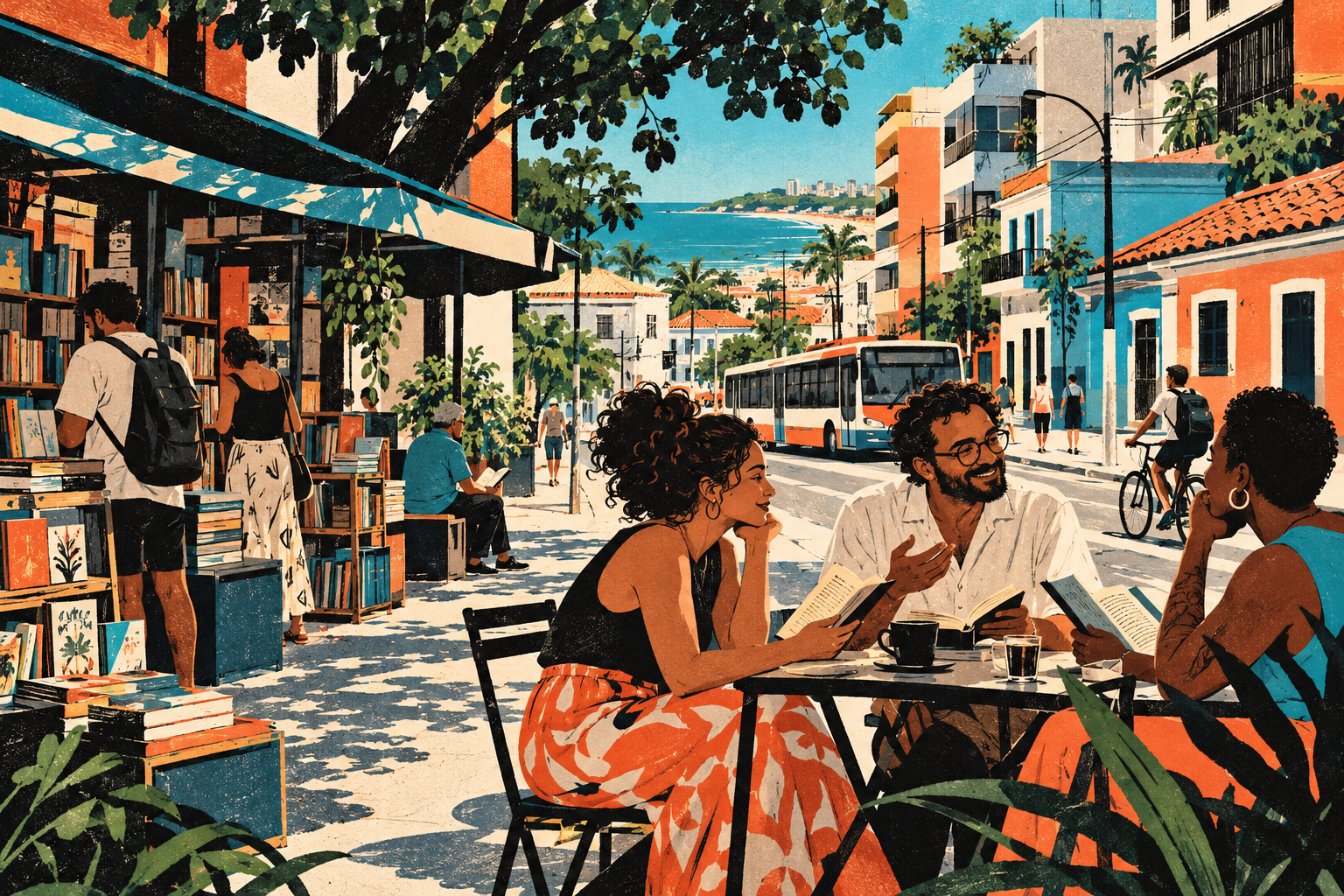 Ilustração de uma rua fictícia com banca de livros e pessoas lendo