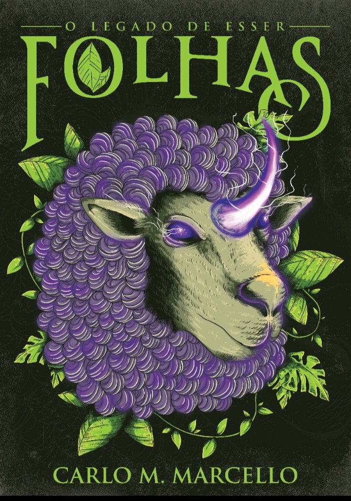 #Desafio dos 365 dias, dia 19:
A capa de Folhas é uma das minhas coisas favoritas no mundo.
Quando decidi que iria publicar essa história que escrevi, contatei um amigo ilustrador para fazer a capa. A primeira ideia era que fosse uma mesa de taverna, com um mapa, um cajado e alguns outros itens presentes na história. A segunda ideia era uma grande cena de batalha, mas esse não era o estilo do ilustrador, e eu queria a arte dele.
Então ele me pediu para mandar um áudio de alguns minutos resumindo a história e, quando ouviu, ele me deu a idéia de colocar na capa a melhor personagem do livro, a Célia.
A ovelha favorita de Shard, personagem principal, transformada magicamente para auxiliá-lo em batalha.
E esse símbolo de folhas dentro do O virou até tatuagem.