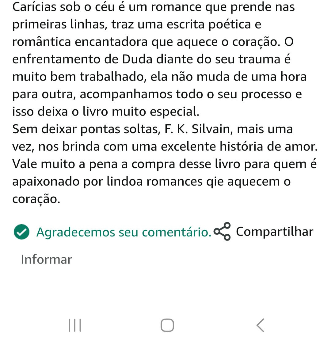 Primeira avaliação de "Carícias sob o céu: a história de Duda & Davi". 🥹❤️

Obrigada @CaDantasAutora
