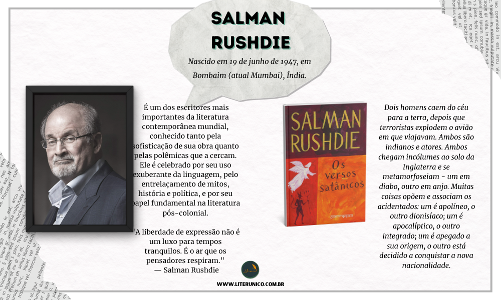 Homenagem a Salman Rushdie.

É um escritor e ensaísta britânico de origem indiana, amplamente conhecido por sua prosa inventiva, suas abordagens ousadas de temas religiosos e políticos e por ser o autor do polêmico romance "Os Versos Satânicos" (1988).

"O que é a liberdade de expressão? Sem a liberdade de ofender, ela deixa de existir."
— Salman Rushdie

Os versos satânicos:  <a href="https://www.literunico.com.br/books/858">Aqui!</a> 

#aniversárioliterário
#diadecelebrarescritor