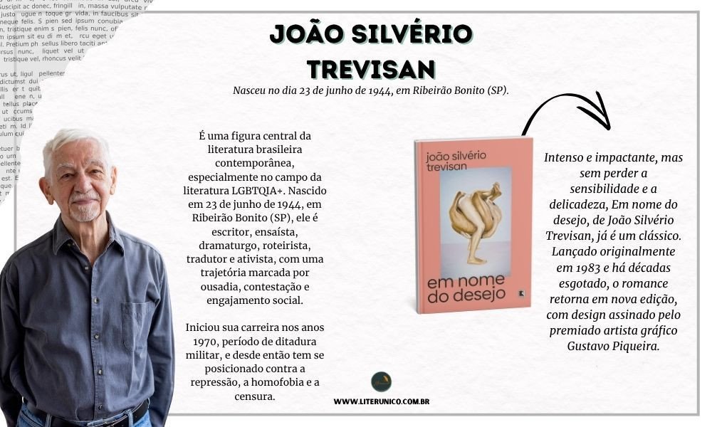 Homenagem a  João Silvério Trevisan.
É um dos nomes mais importantes da literatura e da militância LGBTQIA+ no Brasil. Nascido em 1944, em Ribeirão Bonito (SP), ele é escritor, ensaísta, roteirista, cineasta e ativista, conhecido tanto por sua obra literária quanto por sua atuação política em defesa dos direitos da comunidade LGBTQIA+.
"A verdadeira revolução começa no corpo."
- João Silvério Trevisan.
Em nome do desejo:  <a href="https://www.literunico.com.br/books/862">Aqui!</a> 
#aniversárioliterário
#diadecelebrarescritor