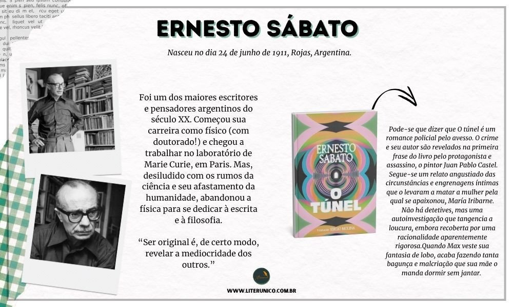 Homenagem a  Ernesto Sábato  (1911 -2011).
Antes de se dedicar à literatura, Sábato teve uma carreira brilhante na ciência. Ele estudou Física na Universidade Nacional de La Plata e trabalhou com pesquisa científica na França e nos Estados Unidos. No entanto, passou por uma crise existencial que o levou a abandonar a ciência e se dedicar à escrita e à reflexão filosófica.
"Ser original é, em certo sentido, estar retornando às origens."
- Ernesto Sábato.
O túnel:  <a href="https://www.literunico.com.br/books/888">Aqui!</a> 
#aniversárioliterário
#diadecelebrarescritor