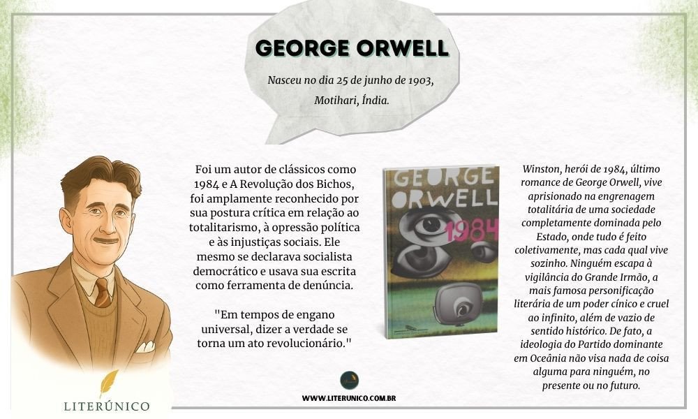 Homenagem a  George Orwell  (1903–1950).
George Orwell foi o pseudônimo de Eric Arthur Blair, um dos escritores mais influentes do século XX. Britânico, Orwell ficou conhecido por suas obras que criticam fortemente o totalitarismo, a opressão política e a manipulação da verdade.
"Em tempos de engano universal, dizer a verdade se torna um ato revolucionário."
-George Orwell.
1984:  <a href="https://www.literunico.com.br/books/20">Aqui!</a> 
#aniversárioliterário
#diadecelebrarescritor