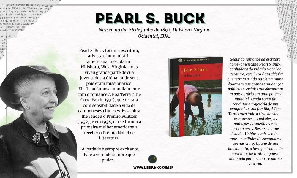 Homenagem à Pearl Sydenstricker Buck (1892–1973).
Foi uma escritora americana e a primeira mulher americana a ganhar o Prêmio Nobel de Literatura, em 1938. Ela também recebeu o Prêmio Pulitzer em 1932.
Ela nasceu nos Estados Unidos, mas cresceu na China, onde seus pais eram missionários. Essa vivência marcante influenciou profundamente sua obra.
"O segredo da alegria no trabalho está em uma palavra: excelência. Saber fazer algo bem é desfrutá-lo."
— Pearl S. Buck 
A boa terra:  <a href="https://www.literunico.com.br/books/925">Aqui!</a> 
#aniversárioliterário
#diadecelebrarescritor