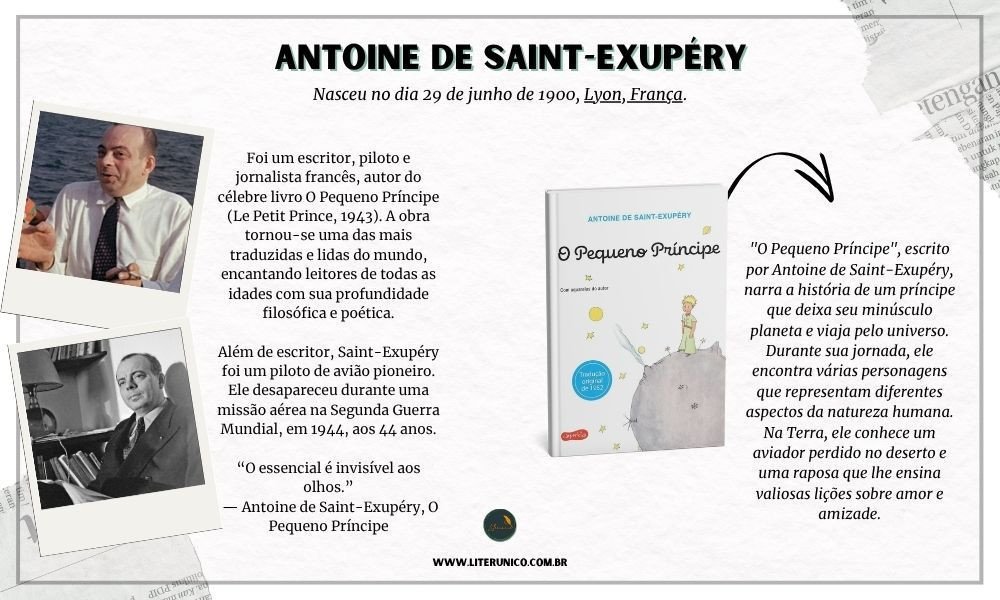 Homenagem a Antoine de Saint-Exupéry  (1900–1944).
Foi um escritor, aviador e ilustrador francês, mundialmente conhecido como o autor de “O Pequeno Príncipe”, uma das obras mais traduzidas e lidas do mundo.
Antes de ser escritor, Saint-Exupéry era piloto de avião. Ele voou por desertos, atravessou tempestades e conheceu muitos cantos do mundo — experiências que influenciaram profundamente seus livros. Para ele, voar era mais do que um trabalho: era uma forma de refletir sobre a vida, o tempo, a solidão e os laços humanos.
"O essencial é invisível aos olhos."
— O Pequeno Príncipe (1943)
O Pequeno Príncipe:<a href="https://www.literunico.com.br/books/103">Aqui!</a> 
#aniversárioliterário
#diadecelebrarescritor