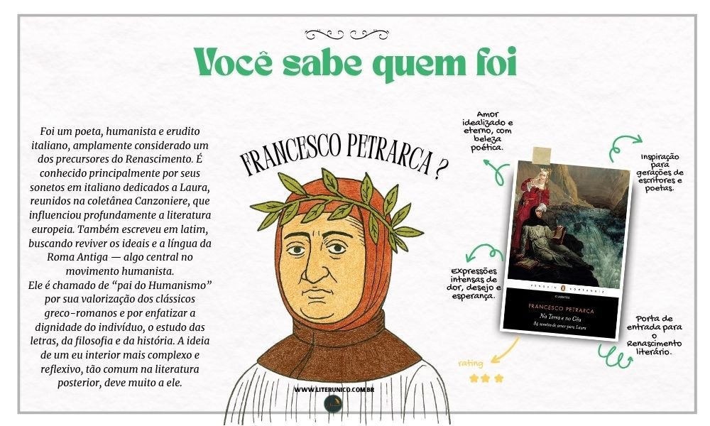 Hoje celebramos o aniversário de Francesco Petrarca!
Poeta do amor, da introspecção e da beleza das palavras, ele é um dos grandes nomes que moldaram a literatura ocidental.
Sua obra, como O Cancioneiro, nos convida a refletir sobre o tempo, os sentimentos e a alma humana.
Neste dia especial, mergulhe na poesia de Petrarca e descubra por que sua voz atravessa os séculos.
Na Terra e no Céu: 84 sonetos de amor para Laura: <a href="https://www.literunico.com.br/books/1049">Aqui!</a> 
#FrancescoPetrarca #AniversárioLiterário #PetrarcaVivo #ClássicosDaLiteratura #PoesiaItaliana #LeiaPetrarca #LiteraturaQueInspira