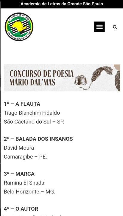 A vida é assim: te dá uma rasteira e depois um afago...

A alegria não cabe mais no meu peito, então estou vindo dividir com vocês:
Saiu o resultado do Concurso de Poesia Mário Dal'Mas, promovido pela Academia de Letras da Grande São Paulo.
E meu poema "A Flauta" GANHOU!
PRIMEIRO LUGAR!
OBAAAAAA!!! 🥰
Muito obrigado à Algrasp, aos jurados e a todos os que torceram por mim!
Como morador da região, ser premiado nesse concurso de alcance nacional é uma honra sem tamanho! ♥️❤️♥️