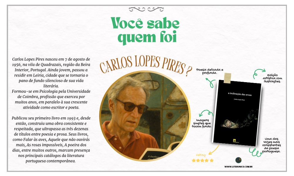 Carlos Lopes Pires é um poeta português conhecido por sua poesia sensível e profunda.
Sua obra reflete uma busca pela simplicidade e pela espiritualidade, afastando-se da poesia
convencional. 
Com mais de 40 livros publicados, ele é um dos nomes importantes da literatura contemporânea,
sempre explorando temas humanos e existenciais.
A inclinação das ervas: <a href="https://www.literunico.com.br/books/1078">Aqui!</a>
#CarlosLopesPires #PoesiaPortuguesa #Literatura #Literunico