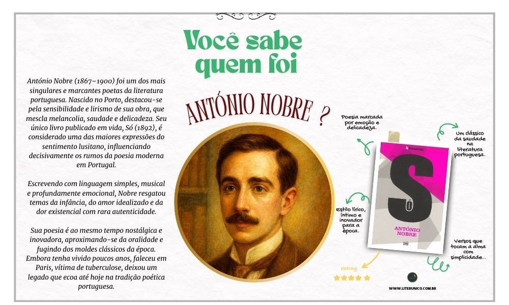António Nobre foi um dos grandes poetas portugueses do século XIX. Sua obra é marcada pela melancolia e pela reflexão sobre a solidão, a morte e o tempo. Com uma poesia intimista e profundamente lírica, Nobre mergulha na saudade e nas questões existenciais, tornando-se uma voz única da literatura portuguesa.
Só: <a href="https://www.literunico.com.br/books/1087">Aqui!</a>
#AntónioNobre #PoesiaPortuguesa #Literatura #Literunico