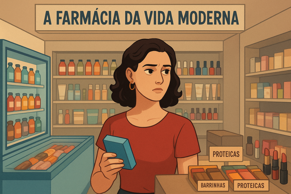 Nesta crônica, convido você a me acompanhar a uma farmácia de hoje — repleta de shakes, esmaltes e promessas de saúde — enquanto minhas memórias me levam às farmácias da infância, com seus cheiros, cores e lembranças marcantes. Entre risos e nostalgia, percebo que, às vezes, saímos de um lugar simples levando muito mais do que esperávamos.

Crônica - A Farmácia da Vida Moderna
Juro que não sou frequentadora assídua de farmácia. Só entrei porque arranquei o siso e precisava comprar antibiótico. Mas confesso: assim que atravessei a porta, tive a sensação de ter parado no endereço errado.
Uma geladeira vertical transbordava shakes de todos os sabores e promessas. Ao lado, um freezer abarrotado de sorvetes me chamava; peguei alguns picolés para tentar refrescar a boca em luto.
À direita, um corredor inteiro de esmaltes, hidratantes, batons… tudo quase em promoção. No caixa, barrinhas integrais e proteicas, alinhadas como se vendessem saúde em doses embaladas.
Foi então que a nostalgia me atingiu.
Cadê a farmácia raiz da minha infância? Aquela em que o álcool ardia só de olhar? Onde o merthiolate era vermelho e denunciava a travessura por uma semana inteira? Hoje é incolor, indolor… e, quem sabe, até ineficaz.
Cadê o Neocid, que matava nossos piolhos, mas, vá entender, não nos matava também? E a Emulsão Scott, que tinha gosto de castigo, com aquela figura de bacalhau zombando da nossa careta?
Hoje, farmácia é quase um shopping: a gente entra para comprar remédio e sai com batom vermelho e brinco de argolas nas orelhas.
Talvez a cura esteja nisso mesmo: rir do absurdo moderno enquanto lembramos da violeta genciana que deixava a boca roxa.
Saí daquele espaço levando mais do que um simples comprimido. Levava lembranças… o carinho do Almanaque do Biotônico Fontoura, que prometia nos transformar em Hércules, enquanto histórias do Jeca Tatu se misturavam a passatempos, piadas e previsões astrais. Comprávamos remédio e, de brinde, levávamos cultura.