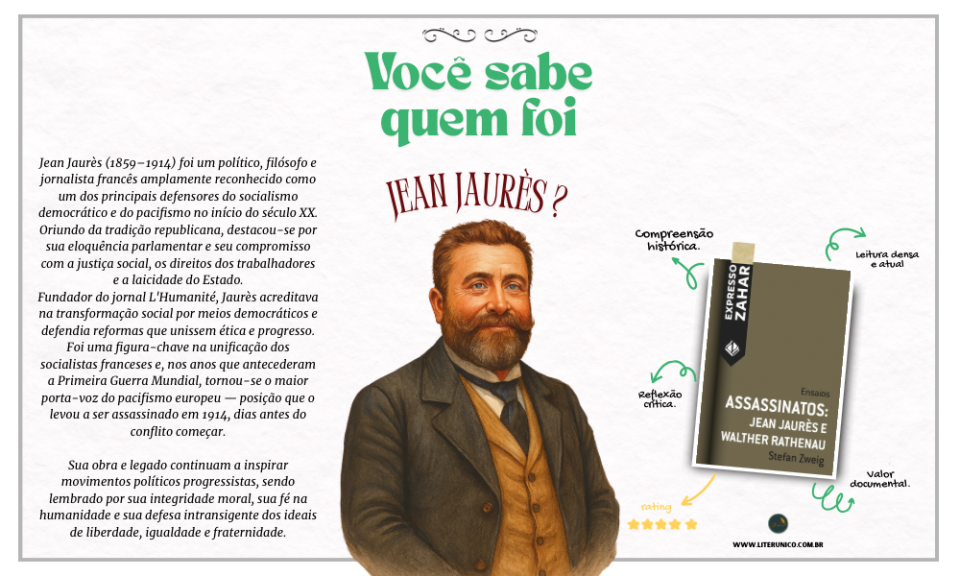 Jean Jaurès foi um grande nome da política e do pensamento social francês. Defensor da paz, da justiça social e dos direitos dos trabalhadores, destacou-se como um orador brilhante e símbolo do socialismo democrático. Sua voz, silenciada às vésperas da Primeira Guerra Mundial, ainda inspira ideias de igualdade e humanidade.
Assassinatos: Jean Jaurès e Walther Ratheneau: Ensaios: <a href="https://www.literunico.com.br/books/1244">Aqui!</a>
#literunico #JeanJaurès #PensamentoSocial