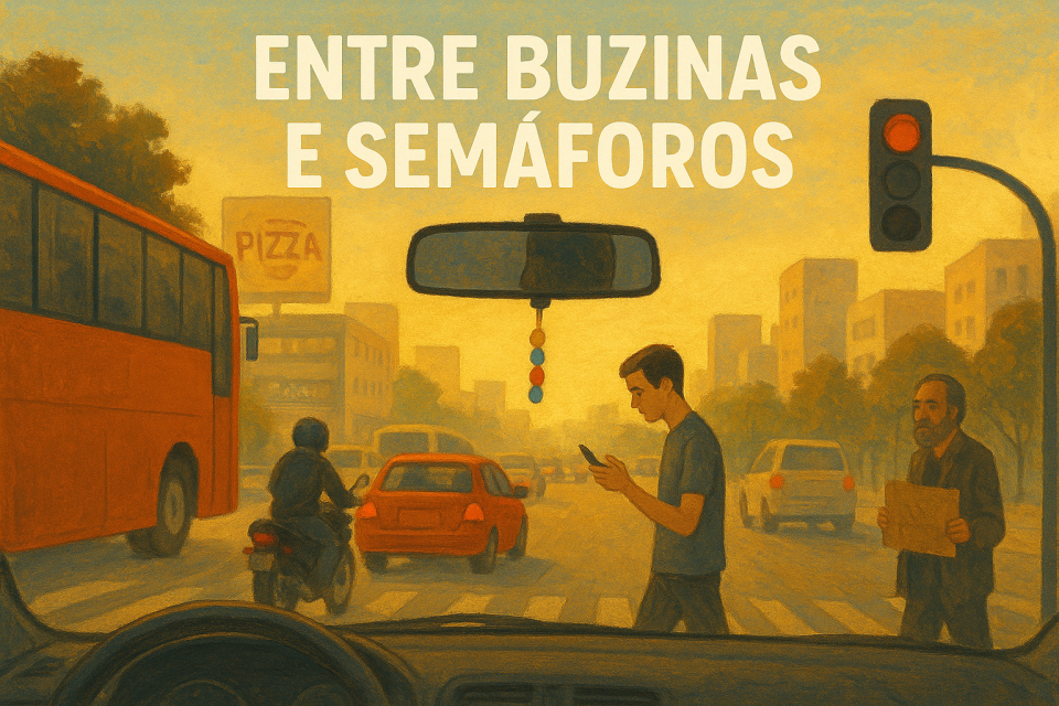 Esta crônica é um retrato do trânsito que atravessamos todos os dias — caótico, intenso, mas cheio de detalhes que muitas vezes passam despercebidos. Um convite a enxergar a rotina urbana com novos olhos.

Entre Buzinas e Semáforos

As cortinas do dia se abrem: 06h30. Saio apressada, mas a manhã ainda sussurra. O perfume das flores invade o carro, a brisa fresca dança entre as folhas, e os passarinhos orquestram uma sinfonia delicada. Pelo retrovisor, a natureza se despede devagar. Um casal caminha com sorrisos largos, alheio ao mundo que me espera.
Meu trajeto é um desfile secreto, visível apenas para olhos atentos. Cada gesto, cada sombra, parece carregar histórias que ninguém percebe.
Subo os vidros. A cidade me engole. Ligo o som: a melodia da natureza se cala. O tráfego explode em buzinas e roncos de motor. Ônibus lotados passam apressados; passageiros exaustos encaram a vida com olhares vazios. Todos em alerta, protegendo-se de desconhecidos, navegando por espaços que parecem invisíveis uns aos outros.
Carros avançam, motos deslizam entre frestas como se desafiassem a gravidade, e o grito de uma ambulância corta o ar, exigindo passagem — talvez levando segundos de vida que ninguém mais pode medir.
À direita, uma vitrine exibe manequins imóveis, vestindo roupas de uma estação que ainda não chegou. Uma loja anuncia liquidação de móveis; outra promete um carro 0 km com parcelas que “cabem no bolso”.
Outdoors piscam promessas: pizzarias, academias, desejos que meus olhos já não alcançam. Um ciclista arrisca-se na avenida sem pista própria. A luz amarela treme. Um pedinte ergue um papelão: o PIX também serve como esmola. Jovens bocejando atravessam a faixa, hipnotizados pelas telas dos celulares, revelando preguiça e desalento diante da jornada que ainda nem começou.
Os carros param. Um flanelinha corre e, sem meu consentimento, joga água no vidro — mais suja do que limpa. Mais à frente, bolinhas coloridas flutuam no ar, girando em mãos habilidosas: um show de malabarismo improvisado.
O sinal verde me chama. Pacotes de balas pendem dos retrovisores como um varal; um moço os recolhe com precisão, recebendo moedas rápidas de mãos apressadas.
Ninguém vê ninguém. Todos enclausurados em mundos particulares que fingem ser globais, mas se fecham a cada toque. A cidade pulsa — ensurdecedora, intensa, viva — e, por um instante, sinto que cada buzina, cada freada, cada sorriso distraído, é uma nota na sinfonia caótica de infinitos personagens.

@rschumaher