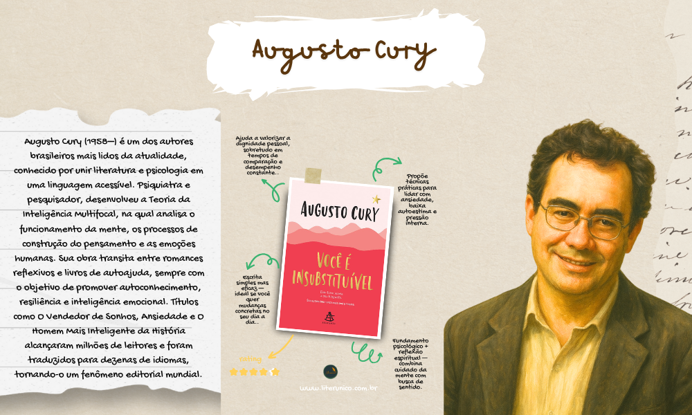 ✨ Augusto Cury (1958–) é psiquiatra, pesquisador e escritor brasileiro, reconhecido mundialmente por suas obras que unem ciência, filosofia e reflexão sobre a vida. Autor de best-sellers como Você é Insubstituível e O Vendedor de Sonhos, dedica-se a inspirar autoconhecimento, inteligência emocional e a valorização dos sonhos. Sua escrita é um convite a cuidar da mente e do coração. 📚✨

Você é insubstituível: Este livro revela a sua biografia. Sua autoestima nunca mais será a mesma: <a href="https://www.literunico.com.br/books/1280">Aqui!</a>

#AugustoCury #literunico #autoconhecimento