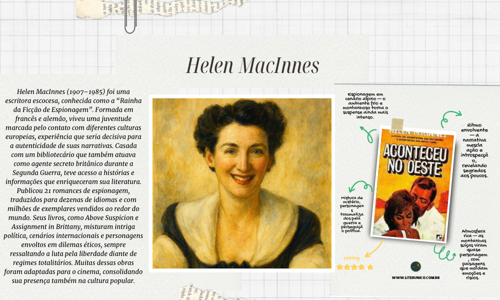 ✨ Helen MacInnes (1907–1985) ficou conhecida como a “Rainha da Ficção de Espionagem”. Em romances como Aconteceu nos Alpes e Assignment in Brittany, uniu suspense, intriga política e personagens cheios de dilemas éticos. Sua escrita ágil e realista abriu espaço para a presença feminina em um gênero dominado por homens, conquistando leitores em todo o mundo. 📚✨
Aconteceu nos Alpes: <a href="https://www.literunico.com.br/books/1301">Aqui!</a>
#HelenMacInnes #literunico #suspense