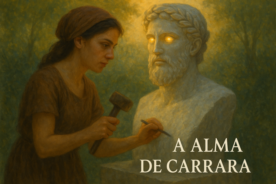 A Alma de Carrara

Ele exala perfume; e sua pele revela um deus moldado em carne e osso. Onde deveriam estar os olhos, brilham duas gemas — capazes de cegar quem ousa encará-las por muito tempo.
Os lábios fartos e úmidos ocultam um sorriso antigo, talvez perigoso. Sua alma habita o passado, seus desejos vagam pelo futuro. A mulher teme a magia e os encantos do presente — o único momento real.
Na escuridão da madrugada, ele envolve o quarto em mistério e sedução. Luísa busca o sono que escapa, inquieta sob os lençóis e entre os travesseiros. Ele está ali — ou talvez apenas a ideia dele. Ainda assim, ela se rende à presença invisível. Teme que o sonho desperte junto com as imperfeições da realidade. Teme que a imagem ideal ganhe corpo. Mas, entregue ao êxtase do delírio, deixa que sua alma o alcance no abismo da imaginação.
A manhã nasce como um presságio. O sol atravessa a janela e toca o jardim — um convite sutil para dar forma ao que já vive em seu peito. Luísa pega o conjunto de maceta e cinzel e caminha até o quintal. Diante da pedra, ela silencia. Por horas, apenas observa. Depois, começa a preparar o ambiente com a solenidade de um ritual.
Dar vida ao pensamento — ela reflete — é como invocar um espírito antigo. É preciso coragem para libertar o que dorme dentro da rocha. Algo que pode coroá-la com glória… ou arrastá-la às chamas. Mas o fogo interno, alimentado pela dopamina, exige mais. Com mãos trêmulas e olhos febris, Luísa ergue a ferramenta e inicia o ato da criação.
Toca a pedra com reverência. Sente os veios e as fendas como quem decifra sinais de outra era. Em seus dedos, a firmeza delicada de quem carrega o segredo do mito. A paixão a embriaga, ativando seus instintos. Martela. Esculpe. Invoca. Seu chamado ecoa — e se perde na mata. Os suspiros dissolvem-se no ar, e o suor escorre como oferenda. Diante da obra, o coração dispara — ele parece sorrir, mesmo imóvel, como se lutasse para sair da prisão de mármore.
Luísa acaricia a superfície fria da rocha. Concentrada, vai libertando o pensamento. Rasga o mármore com precisão, revelando o bigode que oculta os lábios, que se misturam à barba e aos cabelos, domados por uma coroa de louros. Dá vida aos olhos — até então mergulhados nas trevas — como quem rompe o véu entre mundos.
Por fim, ela permite que o amor a invada por completo. Já não há limites entre o que pensa, sente e esculpe — tudo pulsa no mármore, tudo vibra sob sua pele.
A imagem, perfeita e ancestral, sempre estivera ali — adormecida em sua alma.
Agora, libertada da pedra, ela vive.