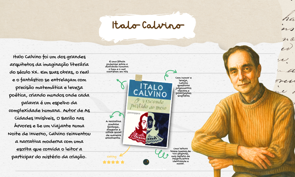 Autor de imaginação refinada e pensamento luminoso, Italo Calvino transformou a literatura em um espelho do invisível.
Suas histórias — entre o fantástico e o filosófico — nos fazem enxergar o mundo com novos olhos.
Em O Visconde Partido ao Meio, As Cidades Invisíveis e O Barão nas Árvores, ele nos ensina que a leveza também pode ser profunda.
✨ “A literatura é a prova de que a vida não basta.”
O visconde partido ao meio: <a href="https://www.literunico.com.br/books/1344">Aqui!</a>
#ItaloCalvino #LiteraturaItaliana #ClássicosDaLiteratura #LevezaEPensamento #Literunico