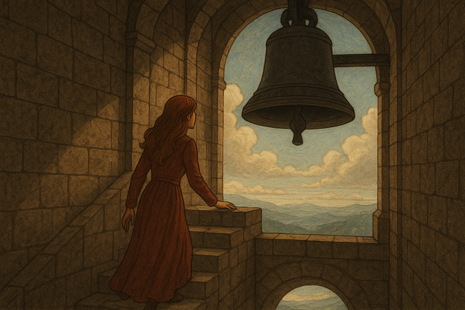 O Cântico Entre Mundos
O chamado ecoa; o coração sente.
Ela segue, sobe os degraus de pedra, observa — e não vê.
No alto da torre, o cenário panorâmico sepulta o horizonte,
que se veste de nuvens como uma mortalha.
Toca o passado.
O antigo sino de ferro fundido permanece calado.
Passa os dedos pelos desenhos forjados em ferro e devoção.
Juntos, no mesmo templo —
ele no subterrâneo; ela no alto da torre —,
ambos escutam o mesmo cântico ressoando entre seus mundos.
A alma dela se eleva — sente a vibração da presença que mora no calabouço.
A sombra dança na escuridão; ele recita versos em silêncio.
Cada nota é uma centelha que aquece,
como um corte profundo — um refrão que dissolve o “eu”,
até restar apenas o pulsar do mistério que a instiga.
A melodia atravessa os dois; mesmo separados, consagra.
Ela o aceita, acolhe, transcende;
na diferença, tece significado.
Ele se deixa permear, esquece a prisão,
oferece-se à força que o desnuda.
E, por um instante — breve e eterno —,
um jorro de luz atravessa a rocha.
O abismo e o alto se encontram.
Os dois reconhecem o mesmo ritmo, a mesma origem.
O mundo sopra entre eles — invisível e, ainda assim, palpável.
Um tempo se dobra, se reflete, se transforma.
Do cume da fortaleza, ela entende que a canção não lhes pertence.
Do fundo da galeria, ele sente que o canto não precisa de resposta — apenas de presença.
E assim, o sentimento continua, ignora as muralhas,
aquecendo o que já foi tocado pelo amor —
e que dispensa palavras por, desde o início, simplesmente ser.
@rschumaher