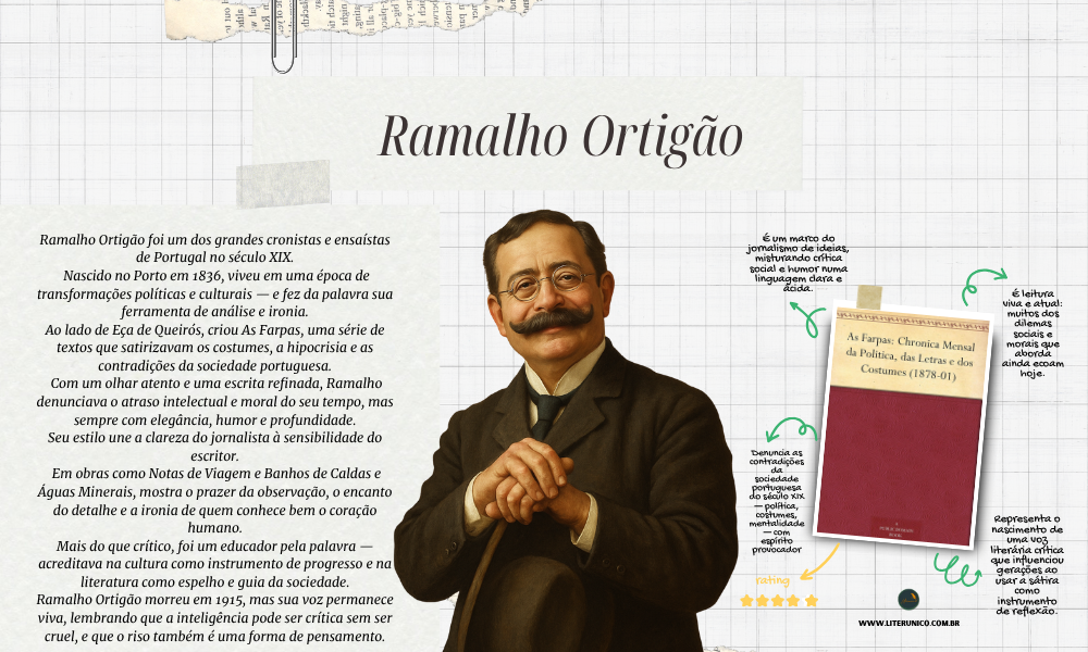 Escritor e cronista português, Ramalho Ortigão foi um dos grandes observadores da sociedade do século XIX.
Com ironia elegante e crítica inteligente, analisou os costumes, a política e o pensamento de seu tempo.
Em As Farpas, escrita com Eça de Queirós, transformou a crônica em arte e a sátira em reflexão.
Sua escrita segue viva — lembrando que pensar com humor também é uma forma de resistência.
As Farpas: Chronica Mensal da Politica, das Letras e dos Costumes: <a href="https://www.literunico.com.br/books/1365">Aqui!</a>
#Literunico #AutorDoDia #RamalhoOrtigão #LiteraturaPortuguesa #Clássicos #AsFarpas #Crônica #Sátira