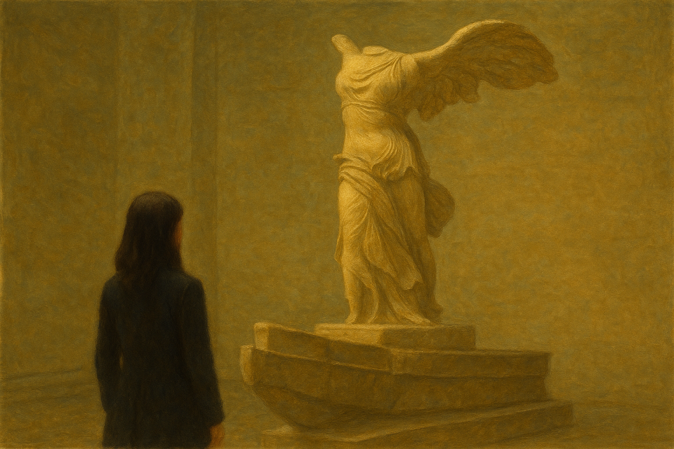 O Chamado da Samotrácia

Ali dormem objetos antigos, obras de arte, mitos e muita história.
Caminho entre as alas do museu como quem atravessa gerações —
cada sala é um portal, cada vitrine um eco do que já foi vida.
Na maioria delas, o ar é denso, de séculos.
Os sarcófagos, expostos como joias raras, guardam o silêncio de civilizações que insistem em não partir.

Entre os artistas mais consagrados estão:
Michelangelo, que toca o divino com as mãos;
Da Vinci, que desafia um sorriso enigmático;
e Caravaggio, que captura sentimentos dançando entre a claridade e a escuridão profunda.

Sinto um chamado estranho que não identifico.
Meu coração me conduz à escadaria Daru.
Com cautela, subo os degraus, temendo acordar os espectros que vigiam os destroços da Grécia antiga.
E ali, no topo monumental, reina uma deusa alada — imóvel e viva. 
Ela atrai a multidão que caminha cega, fascinada por seu brilho.

Como quem se aproxima de um altar,
paro diante dela, e um arrepio percorre meu corpo.
O mármore de Paros respira e pulsa.
A figura imponente cativa olhares e admiração, mesmo mutilada.
As asas, abertas ao sopro invisível do mar, ainda preso em suas dobras.
Ela não foi esculpida apenas em pedra —
foi moldada em sonhos, desejos e tempos suspensos.

A imagem transcende. 
Sua essência flutua entre matéria e éter.
Com um pé na terra e outro no infinito,
sua envergadura triunfal abre águas invisíveis.

O vestido branco guarda o sal do criador.
Da proa de um navio imaginário, ela me convida a atravessar as eras.
E, de repente, o murmúrio do Louvre se dissolve.
O relógio se detém.
Os passos ecoam, distantes, desaparecendo nas paredes de rocha.
Do alto do palco de calcário, ela vibra — e o portal se abre.

Totalmente inebriada por sua presença, aceito o convite.
Embarco.
A nave flutua, rasgando o vazio.
Ao longe, avisto a ilha de Samotrácia.
Aporto num século que se foi.

Lembranças despertam.
A areia quente abraça meus pés.
O instante traz um perfume —
reconheço mesmo antes de lembrar.
É o mesmo que senti quando te perdi.
Um frio percorre o estômago.
A dor despedaça minha alma, que vaga à deriva.

Corro. 
Subo a colina e te procuro junto às ruínas do Santuário dos Grandes Deuses.
Clamo por você entre os vestígios da época,
mas encontro apenas a resposta do teu nome.
Sou parte daqueles que estão no Templo dos Mistérios Sagrados.

Ali, uma mulher alada reina completa.
Flutuando à frente do barco, a deusa olha para o azul do Egeu.
Sua mão saúda a vitória com leveza.
O pé roça suavemente a nau.
A roupa é presa pelo vento.

Desesperada, busco teu rosto entre os corpos caídos no chão.
Grito. Driblo a guerra. Enfrento os soldados romanos.
Por um instante, vejo teu olhar —
mas ele se apaga, como uma estrela que decide voltar ao céu.
O sangue mancha minha pele.
Registra medo e perda do amor em minha essência.

A natureza completa seus ciclos.
A tempestade soterra tudo.
Minha fé e minha paixão repousam submersas.
A morte chega — e me leva,
para que eu possa surgir novamente.

Um lampejo me traz de volta ao museu.
Agora eu vejo: Nike, sem mãos.
Alcança o presente com a mesma grandeza
com que consagrou a vitória no passado.
Sem olhos, mas capaz de iluminar — de transformar Paris em cidade-luz.

Despeço-me do Louvre
Mergulho na noite.
Ainda tento encontrar você em qualquer resquício onde possa existir história —
onde o tempo, em segredo, ainda nos recorda.
Deixo para trás o peso das salas escuras, o cheiro de funeral, o ancestral fossilizado.
Levo comigo a saudade daquele dia — teu beijo,
e o sopro invisível da Samotrácia.

@rschumaher