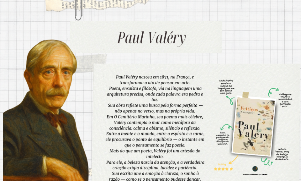 Poeta, ensaísta e pensador francês, Paul Valéry foi um mestre da forma  e da reflexão. Sua escrita une precisão e sensibilidade, razão e sonho — sempre em busca da beleza absoluta.
Em obras como Feitiços e Charmes e O Cemitério Marinho, ele transforma o pensamento em música, revelando que a poesia não é apenas emoção, mas também lucidez.

Feitiços [Charmes]:<a href="https://www.literunico.com.br/books/1376">Aqui!</a>

#PaulValéry #PoesiaFrancesa #Literatura #Clássicos #FeitiçoseCharmes #OCemitérioMarinho #Literunico #AutorDoDia