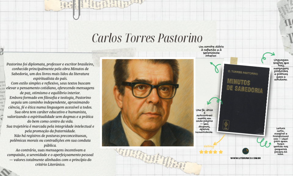 Autor de Minutos de Sabedoria, Pastorino deixou um legado de serenidade e espiritualidade prática. Suas reflexões simples e profundas atravessam gerações, convidando à paz interior e à confiança na vida.
Com linguagem acessível, ele transformou o cotidiano em espaço de aprendizado e fé.

📖 “A sabedoria está nas pequenas atitudes, repetidas com amor e consciência.”

Minutos de sabedoria: <a href="https://www.literunico.com.br/books/1407">Aqui!</a>

#CarlosTorresPastorino #MinutosDeSabedoria #LiteraturaEspiritual #Sabedoria #LeituraDoDia #LiterunicoJornal