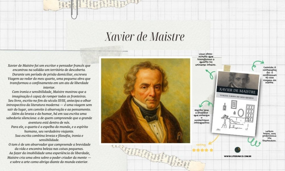 Autor de uma das obras mais originais da literatura francesa, Viagem à Roda do Meu Quarto transforma o confinamento em descoberta.
Durante uma prisão domiciliar por duelar, ele decide “viajar” sem sair do lugar — explorando sua cama, sua escrivaninha e os próprios pensamentos como se fossem novos continentes.

Com humor e leveza, Maistre mostra que a verdadeira aventura é interior.
Seu texto antecipa o olhar introspectivo de escritores como Proust e Pessoa, convidando o leitor a encontrar beleza na rotina e liberdade no pensamento.

✨ Um livro breve, mas infinito em significado.

<a href="https://www.literunico.com.br/books/1410">Aqui!</a>

#XavierDeMaistre #ViagemAoRedorDoMeuQuarto #Clássicos #LiteraturaFrancesa #LeituraReflexiva #Filosofia #PoesiaDaVida #LiterunicoJornal