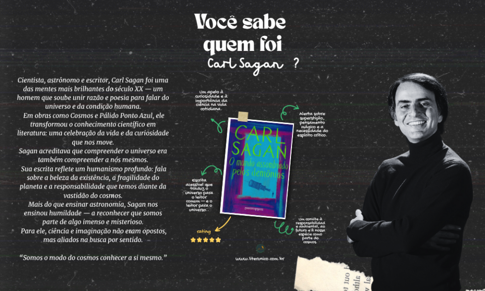 Cientista, contador de estrelas e poeta da ciência.
Sagan nos ensinou que olhar o cosmos é também olhar para nós mesmos — com humildade, curiosidade e responsabilidade.
Em Cosmos e Pálido Ponto Azul, ele lembrou que somos passageiros numa pequena ilha cósmica e que a sabedoria nasce do espanto informado pela razão.

✨ “Somos o modo do cosmos conhecer a si mesmo.”

O mundo assombrado pelos demônios: <a href="https://www.literunico.com.br/books/1410">Aqui!</a>

#CarlSagan #Cosmos #PálidoPontoAzul #Ciência #Humanismo #Curiosidade #LiterunicoJornal #CiênciaParaTodos #Reflexão #LeituraEssencial
