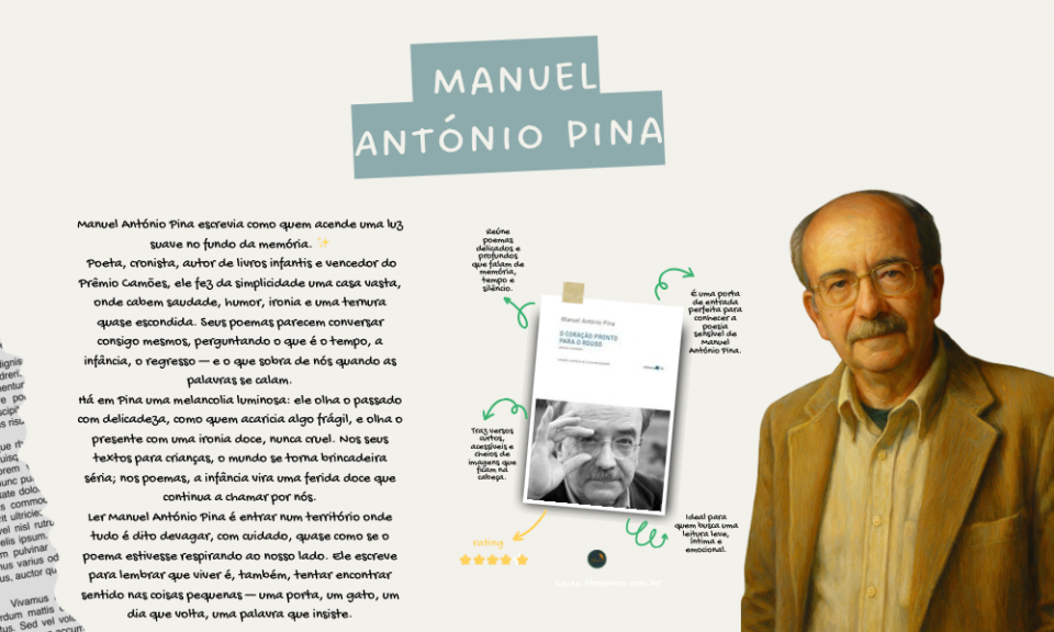 Manuel António Pina escrevia como quem escuta o silêncio por dentro. 🌿✨

Nos seus poemas, o tempo dobra, a infância regressa devagar e as palavras andam descalças, escolhendo com cuidado onde pisam. Há nele uma ternura discreta, uma melancolia que não pesa, apenas acompanha.
Ler Pina é como abrir uma janela antiga: o mundo entra suave, cheio de ar, memória e luz.

O coração pronto para o roubo: Poemas <a href="https://www.literunico.com.br/books/1434">Aqui!</a>

#ManuelAntonioPina #Literunico #AutorDoDia #PoesiaPortuguesa #LeituraPoética #PrêmioCamões