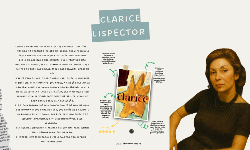 Clarice Lispector — a escritora que transformou o íntimo em infinito.

Clarice não escrevia sobre o mundo: ela escrevia por dentro dele.

Com sua linguagem pulsante, fragmentada e luminosa, revelou o que há de mais profundo no silêncio, no instante e no olhar humano.
Ler Clarice é se ver refletido — às vezes desconfortável, às vezes iluminado —, mas sempre transformado.

A hora da estrela: <a href="https://www.literunico.com.br/books/59">Aqui!</a>

Sua literatura não explica: ela atravessa.

#ClariceLispector #Literunico #AutorDoDia #LiteraturaBrasileira #LeituraPoética #AHoraDaEstrela #Escritoras #LivrosQueTransformam