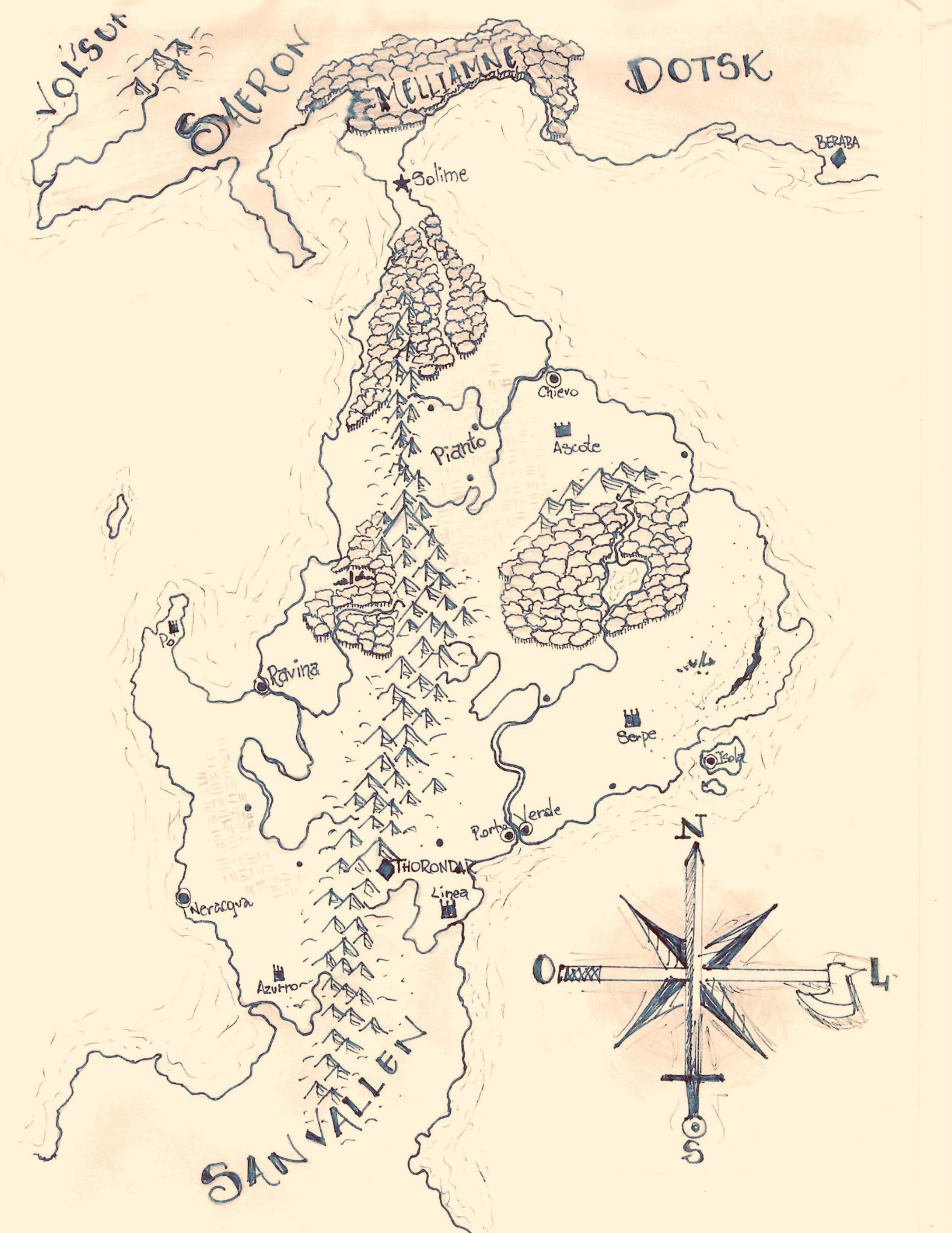 #Desafio dos 365 dias, dia 07:

O Gran-Ducado de Chiaro já foi uma região formada por vários estados independentes. Sob ataques contantes dos povo Volsungue e de Dotsk, os herói Lupo e Leone conseguiram unificar a nação.

Séculos depois, sua posição central no mundo a tornou uma grande potência comercial e um país que abriga muitos povos. Andando pelas ruas de cidades grandes como Solime, Ravina, Porto Verde ou Ner'acqua não é difícil encontrar gente de todas as raças e muitas etnias.

Isso não quer dizer que o país é um mar de rosas. Várias organizações criminosas lutam pelo controle informal do país, as mais fortes sendo a Cozinha e a Mandrágora.

Esse país atrai muitos aventureiros atrás de tesouros esquecidos e segredos antigos.

#Link365TemasLivros