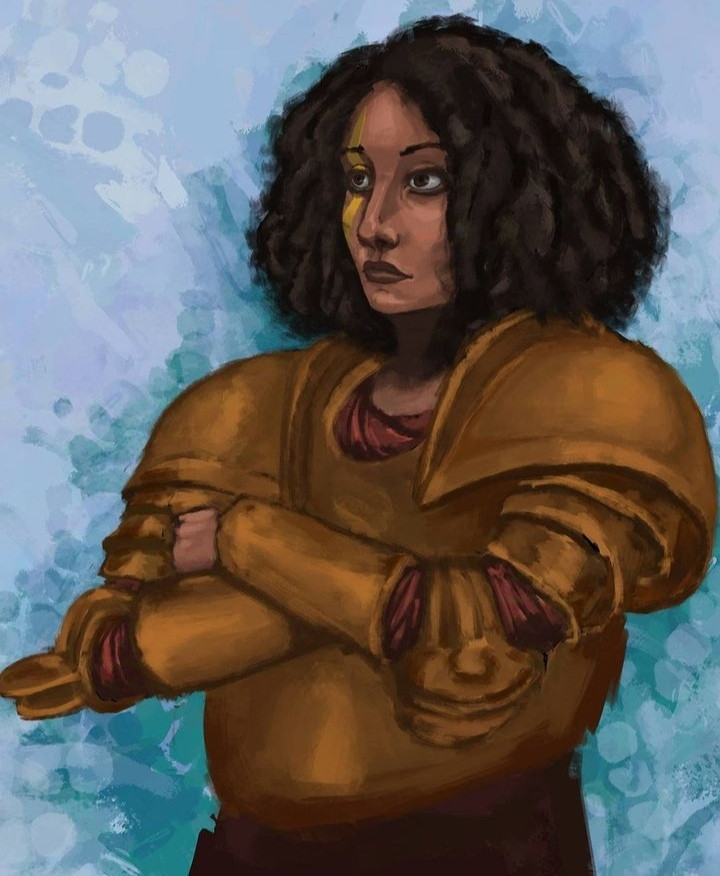 #Desafio dos 365 dias, dia 12:

Ash nasceu durante a viagem de seus pais para o Norte, fugindo de Zahlet. Sua mãe, grávida, entrou em trabalho de parto na região do Pianto, em Chiaro, perto de Seme. O parto foi auxiliado por uma acólita do Templo de Cailtir, o deus da Luz, que deixou seu amuleto de presente para a recém nascida.

Faruk e Oma decidiram chamar a filha de Durash, em homenagem a uma heroína lendária, mas, em Seme, foi sempre chamada de Ash. Ela cresceu na pequena vila, sempre levando o amuleto do deus da Luz em seu pescoço, sonhando com o dia que iria ao templo.

Não demorou muito para que ela e todos ao seu redor percebessem que ela não seria uma clériga ou sacerdotisa; Ash demonstrava, desde cedo, uma determinação ímpar e muito talento para competições físicas. Ganhou campeonatos de corte de lenha, arremesso de troncos e queda de braço. Apesar de não ser tão alta, a garota estrangeira era uma das pessoas mais fortes de Seme.

Então ela começou seu treinamento para ser paladina. Improvisou uma grande marreta com o que encontrou em casa e pediu a seu irmão que desenhasse monstros em pedaços de madeira velha e mofada. Treinou os golpes, o manejo do martelo e do machado, mas preferia a arma mais pesada. E ganhou uma nova do ferreiro Filippo quando afastou da cidade um pequeno bando de goblins.

Quando atingiu a maioridade, deixou a família e viajou para a capital, em busca de seu treinamento no templo de Cailtir. Se dedicou com toda sua vontade, vivendo dia e noite buscando seu objetivo de se tornar uma paladina. Passava horas nos campos de treinamento, meditava sem parar e lua todo material oferecido pelo templo enquanto andava pelas ruas de Solime, à procura de um sanduíche para seu almoço. Tanto que, em uma dessas distrações, teve sua carteira roubada.

Ela quase abandonou tudo quando soube do acidente do pai, mas seu irmão insistiu que ela ficasse e completasse o treinamento. E quando finalmente se tornou uma paladina, decidiu que era hora de visitar a família, para contar essa e outra novidade...