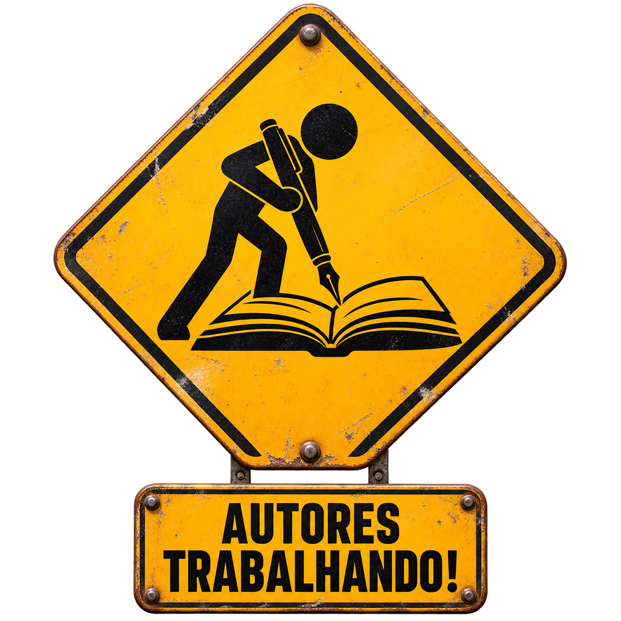 Placa amarela Autores Trabalhando!, com uma pessoa escrevendo em um livro aberto