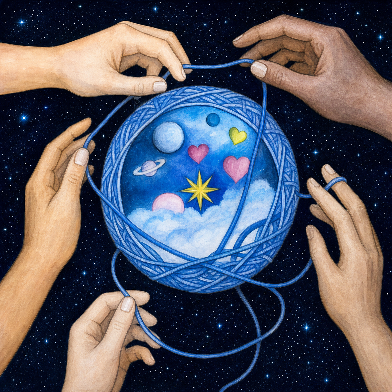 Mãos tecendo um universo com um fio azul