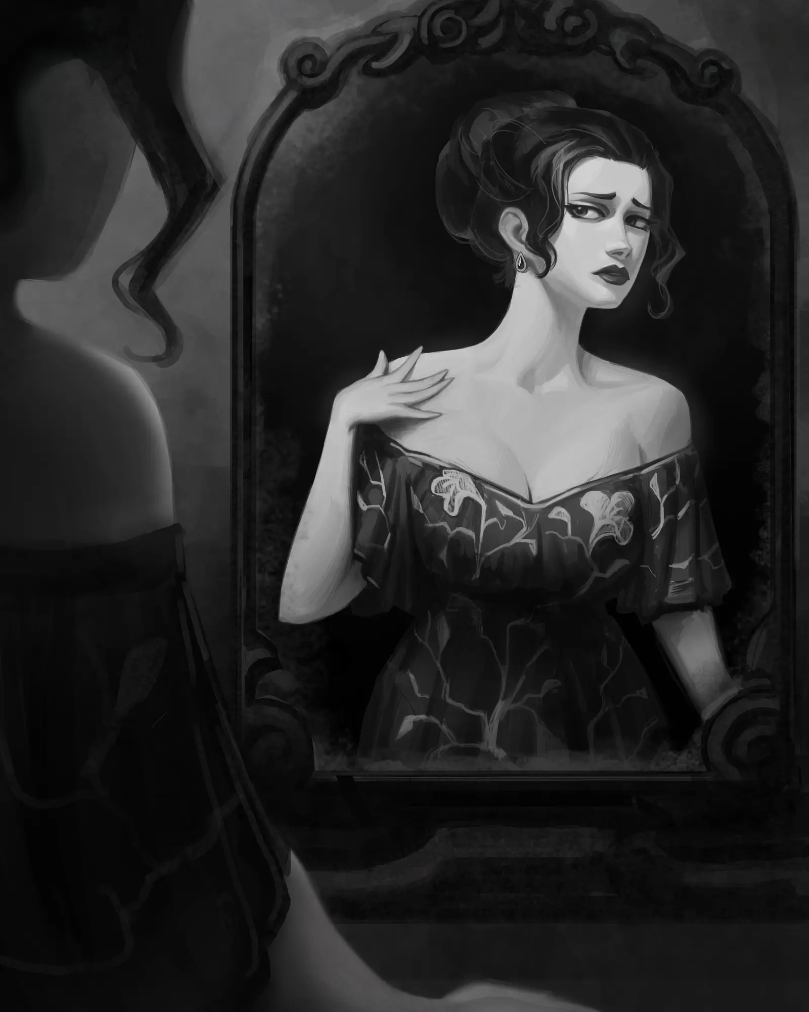 Laura diante do espelho em ilustração em preto e branco