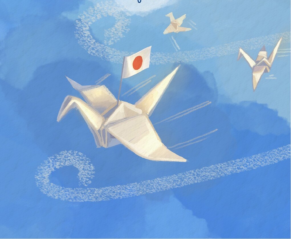 Ilustração narrativa da página 18: tsuru de papel sobre uma paisagem azul, com a bandeira do Japão e outros pássaros ao fundo.
