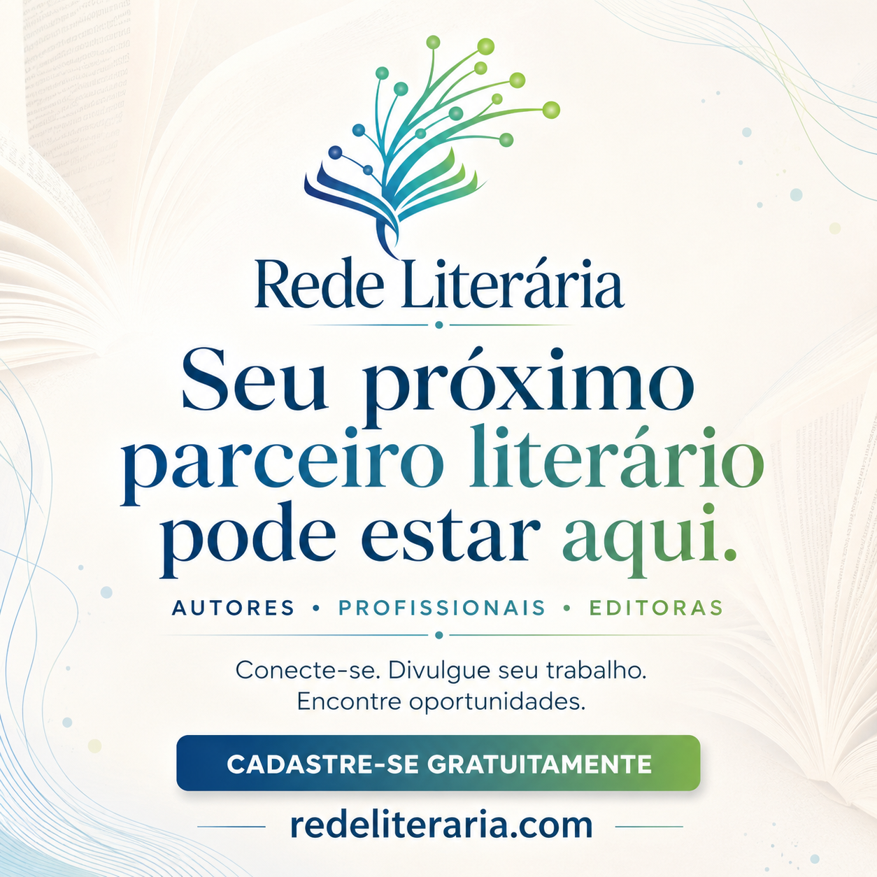 📚 **E se o mercado literário estivesse mais conectado?**

A **Rede Literária** nasceu para aproximar quem escreve, quem trabalha com livros e quem transforma histórias em publicações.

✍️ Escritores podem divulgar suas obras e encontrar profissionais.
🎨 Revisores, capistas, ilustradores, diagramadores e outros profissionais podem apresentar seus serviços.
🏢 Editoras podem divulgar seu trabalho, sua equipe e criar novas conexões.

Mais do que criar um perfil, a proposta é construir uma rede onde **novas parcerias, projetos e oportunidades possam surgir**.

Estamos no início dessa história e você pode fazer parte dela desde agora.

✅ Cadastro gratuito
🌐 **redeliteraria.com**

**Crie seu perfil, conheça a plataforma e faça parte da Rede Literária.**

#RedeLiterária #Escritores #Autores #MercadoEditorial #Editoras #Literatura #ProfissionaisDoLivro #Livros