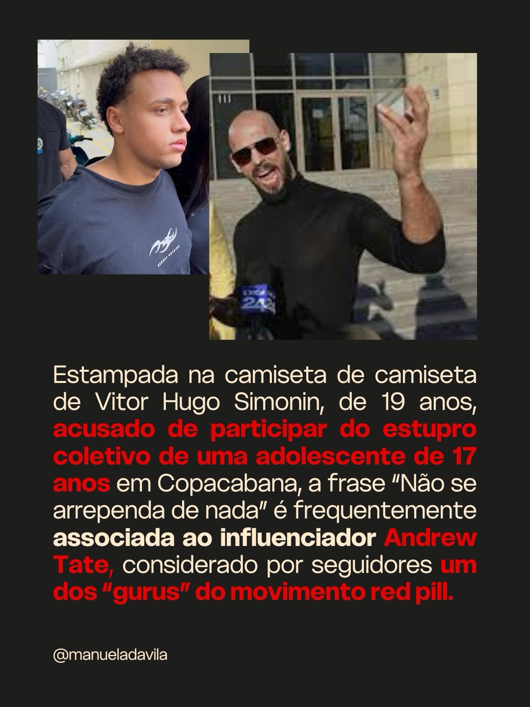 manueladavila 6 d Um dos envolvidos no estupro coletivo à menina de 17 anos em Copacabana se entregou usando uma camiseta escrito “regreat nothing”, que em português significa “não me arrependo de nada”. Você sabe o que esse código significa? Vem entender o movimento redpill e como ele coloca em risco a vida de meninas e mulheres. 980 35 163 110 2

https://www.threads.com/@literunico/post/DVrhyT8kYZ2