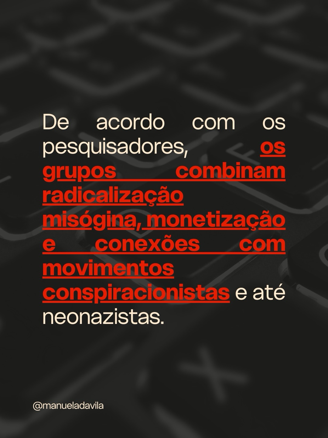 manueladavila 6 d Um dos envolvidos no estupro coletivo à menina de 17 anos em Copacabana se entregou usando uma camiseta escrito “regreat nothing”, que em português significa “não me arrependo de nada”. Você sabe o que esse código significa? Vem entender o movimento redpill e como ele coloca em risco a vida de meninas e mulheres. 980 35 163 110 2

https://www.threads.com/@literunico/post/DVrhyT8kYZ2