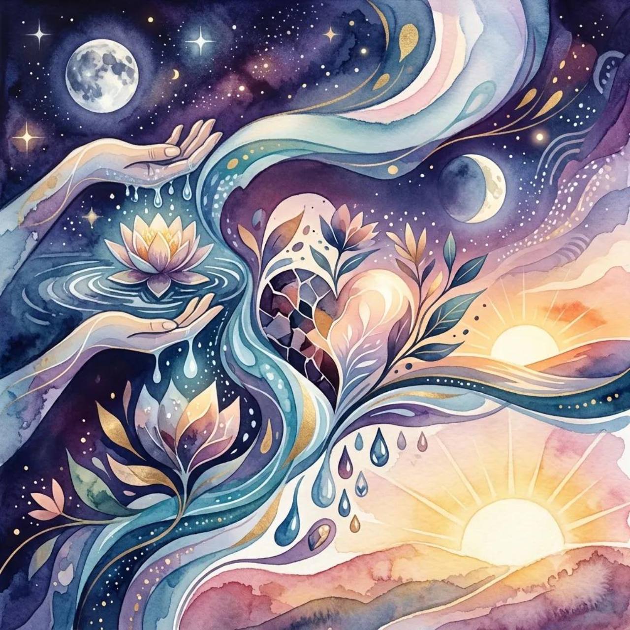 Ilustração que acompanha o poema Chorar, com mãos, água, coração, flores, lua e sol.