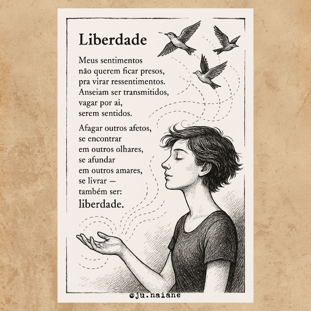 Meus sentimentos
não querem ficar presos,
pra virar ressentimentos.

Anseiam ser transmitidos,
vagar por aí,
serem sentidos.

Afagar outros afetos,
se encontrar
em outros olhares,
se afundar
em outros amares

se livrar
— também ser...
Liberdade.

#desafio 365/91