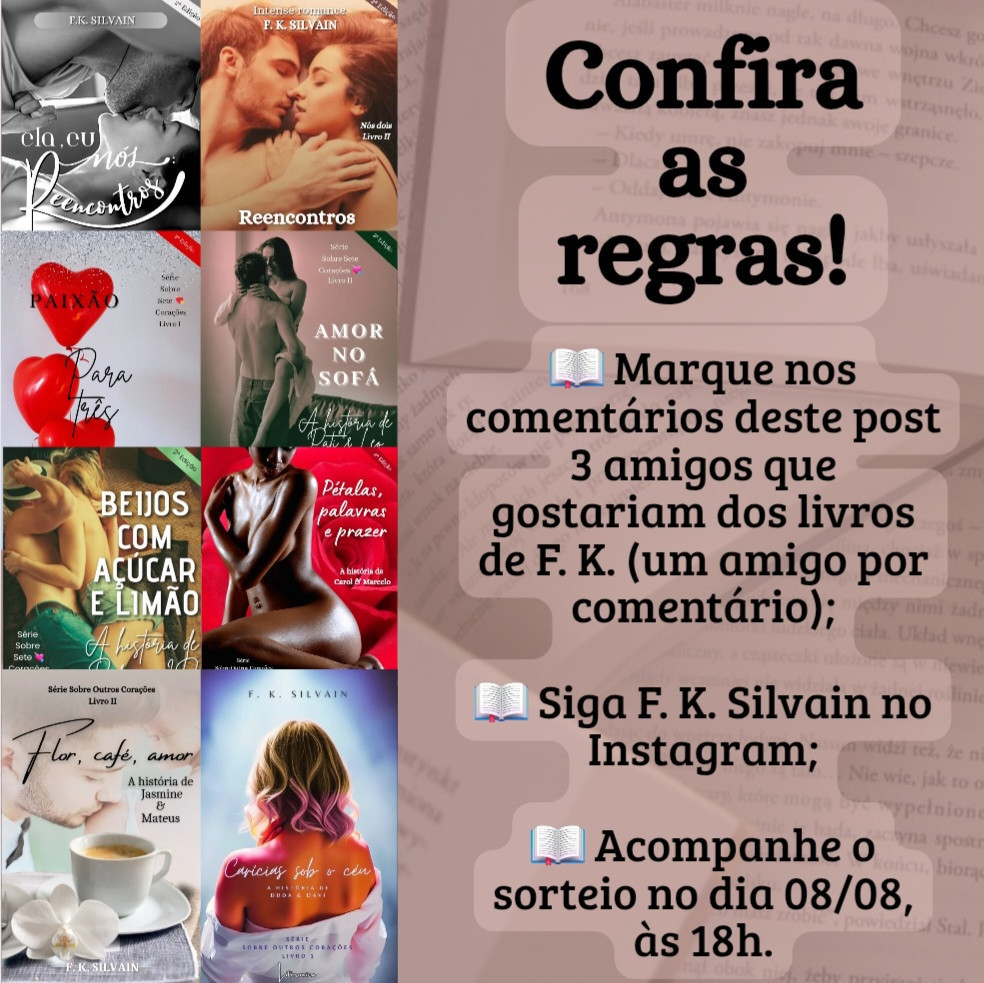 Oi, gente! Queria pedir o apoio dos colegas e, de quebra, dar a oportunidade de conhecer meus romances totalmente grátis!

https://www.instagram.com/p/DM5PDz3Myvp/?igsh=b216bHc3MTJtdDV6

Estou sorteando 3 deles. Não custa nada participar e quem ganhar pode ficar com o e-book ou presentear um amigo! Posso contar com vocês? 😉