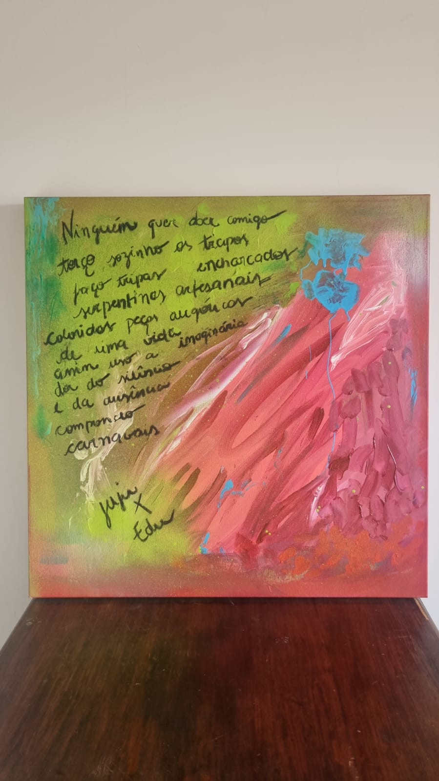 ninguém quer doer comigo
torço sozinho os trapos encharcados
faço tripas, serpentinas artesanais
coloridas peças alegóricas de uma vida imaginária
assim uso a dor do silêncio e da ausência
compondo carnavais

Poema "trapos", livro "Perdições" de Edu Liguori

Arte [foto anexa] de Juliana Lopes Moré (Juju)