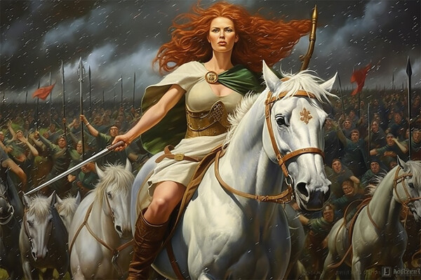 Boudicca | A Rainha Guerreira
Figura de resistência contra a opressão estrangeira, Boadiceia, como era chamada pelos romanos, foi uma das mulheres mais significativas da Antiguidade.

Seu esposo, o rei Prasutagus, no intento de firmar uma posição de entendimento em relação ao Império, articulou um acordo com os romanos. Em seu testamento, deixava o imperador romano como co-herdeiro de suas terras juntamente com suas duas filhas. No entanto, após a controversa morte de Prasutagus (há quem diga que foi envenenado pelos romanos), o procurador Cato Deciano ignorou o testamento e se apropriou de toda a herança dos icenos. Através de atos brutais, passaram a controlar de forma direta e definitiva a região. Houve protesto, mas Roma sufucou-o rapidamente. A resposta de Roma ao protesto foi desproporcional. A rainha foi açoitada em praça pública; suas duas filhas, violadas. Enfurecida, Boudicca iniciou uma revolta. Extremamente carismática, a rainha costurou alianças entre os povos britânicos vizinhos ao seu.

A Revolta de Boadiceia ocorreu entre 60 e 61 d.C, e dizem alguns historiadores da época que ela cometeu todo tipo de atrocidade em seus levantes contra Roma em nome de uma deusa chamada Andraste e, sob sua liderança, os rebeldes tomaram três grandes cidades controladas por Roma. Cerca de 70 a 80 mil romanos perderam a vida nos ataques promovidos por Boadiceia.

O historiador Dião Cássio diz sobre ela: "Boadiceia era alta, terrível de olhar e abençoada com uma voz poderosa. Uma cascata de cabelos vermelhos alcançava seus joelhos; usava um colar dourado composto de ornamentos, uma veste multicolorida e sobre esta um casaco grosso preso por um broche. Carregava uma lança comprida para assustar todos os que lhe deitassem os olhos".

A revolta terminou depois que Roma encontrou um campo de batalha adequado para sua cavalaria. Mesmo em desvantagaem númerica, o império conseguiu desestabilizar o exército de Boudicca num confronto decisivo. Decidida a não correr o risco de voltar a ser capturada por Roma para sofrer punições ainda mais severas, Boudicca teria tirado a própria vida após a derrota.

A fama de Boudicca tomou proporções lendárias na Inglaterra, séculos depois. Ganhou uma estátutua de bronze ao lado do Palácio de Westminster; um filme em 2023; apareceu em jogos eletrônicos e agora vai aparecer em Águas do Ara pyau, meu primeiro romance, que vai sair esse ano. Eu só espero que a minha versão de Boudicca esteja à altura da Boudicca da vida real.