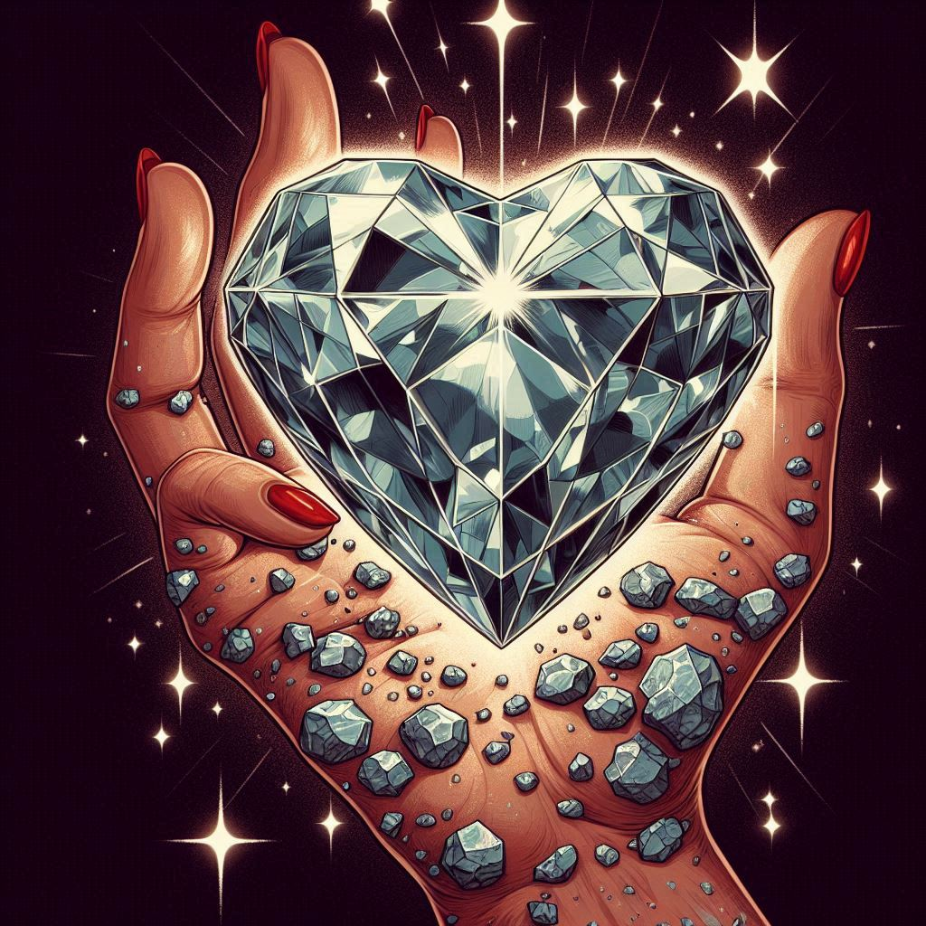 Diamantes e rochas 

O amor próprio é um diamante 
Tem que quebrar a rocha existente.

Persistente, um diamante a brilhar,
Em rocha densa, é preciso cavar.

Com paciência e força, a alma a lavrar,
As crenças limitantes, a superar.

Como joia rara, a essência a encontrar,
Em cada lasca, a verdade a revelar.

A dor, a rocha dura a quebrar,
E o brilho intenso, a vida a iluminar.

Resiliência em cada recomeçar,
O diamante lapidado, a se mostrar.

Em cada cicatriz, um novo amar,
Se amando, a alma a libertar.

Encontrar um bom lugar;
Diamantes em rochas encontrar!

#rlloco
@ricardolloco